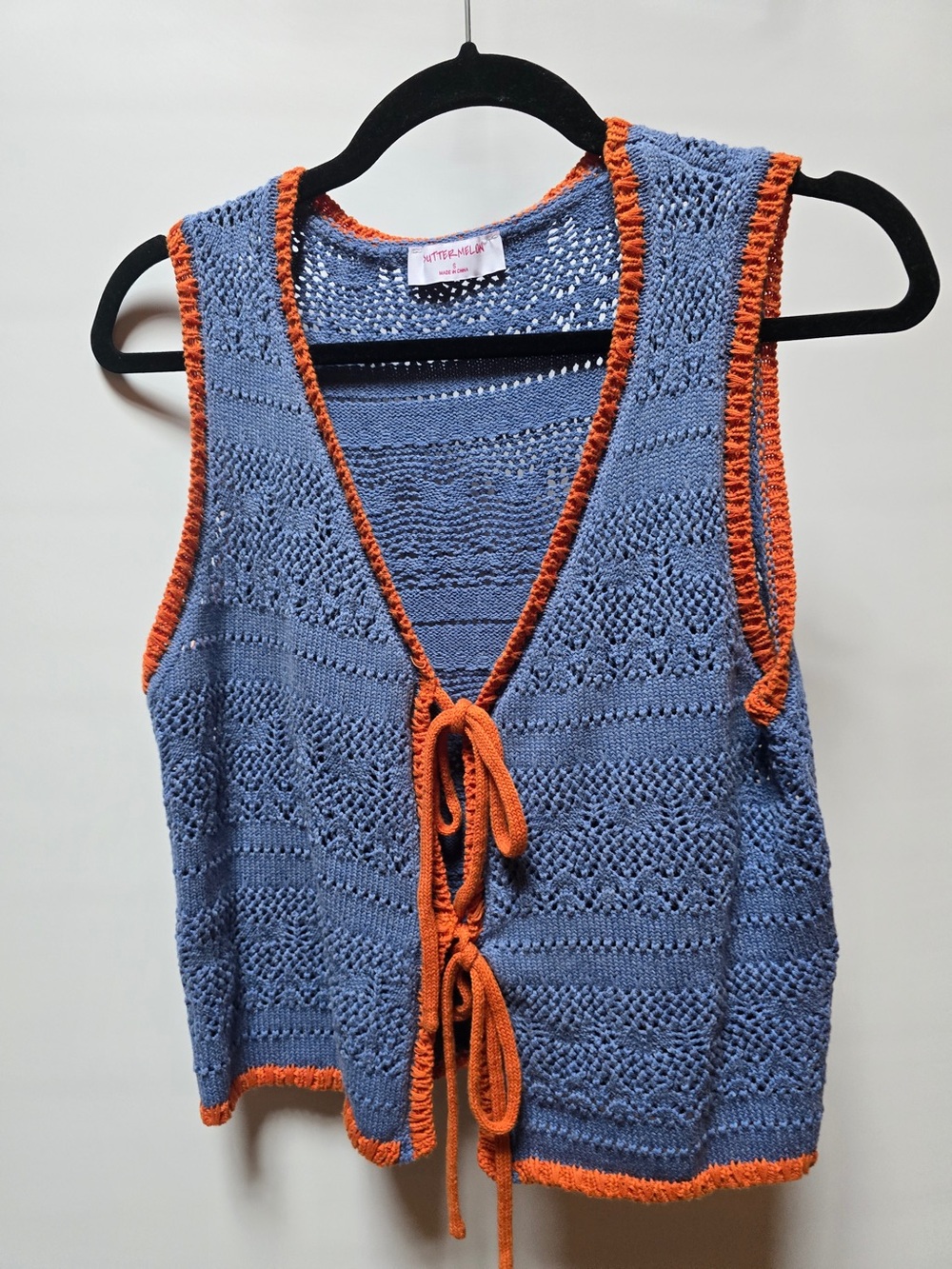 Lightweight Blue Crochet Tie-Front Vest with Orange Trim